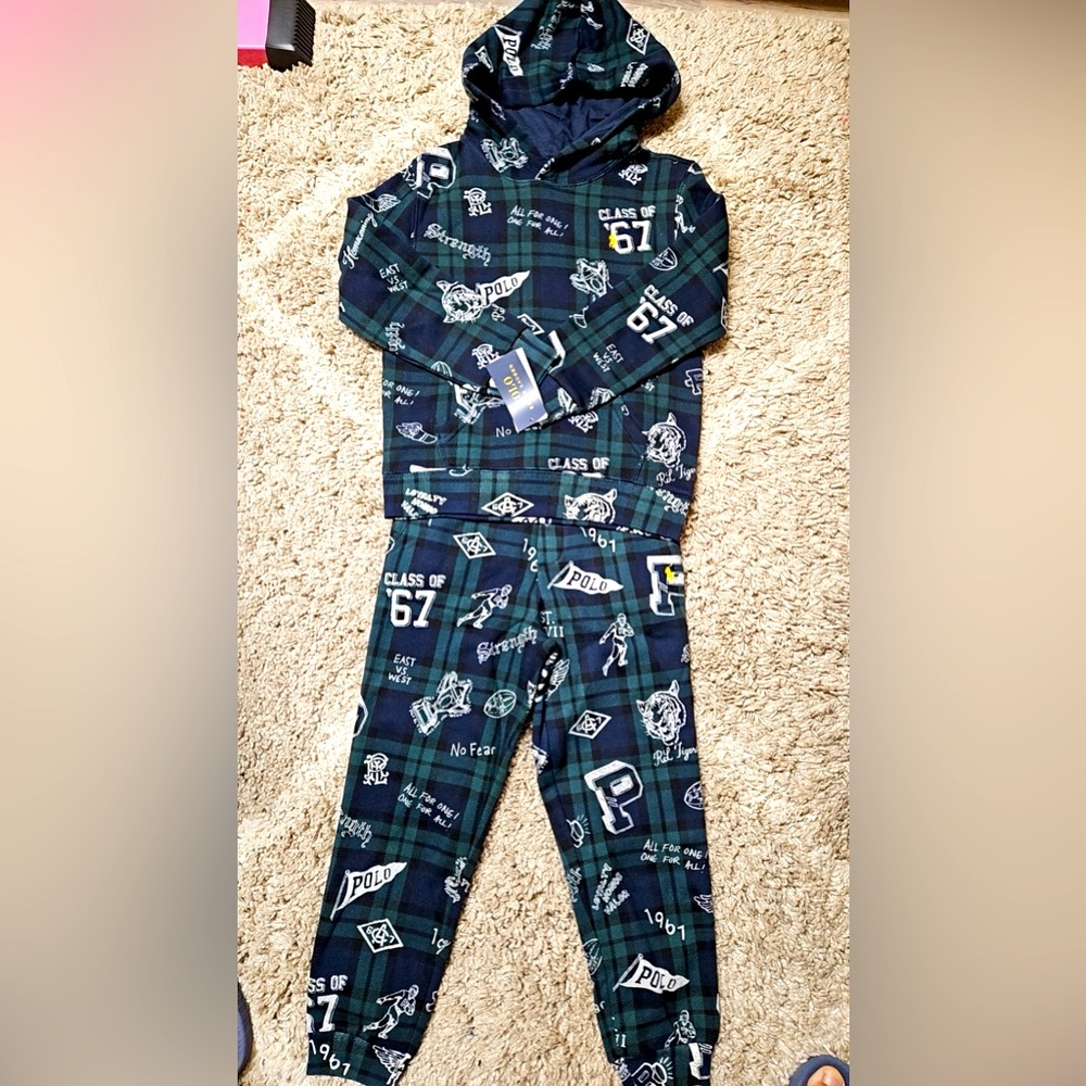 Unisex Kid’s Polo Ralph Lauren Plaid Fleece Graphic Hoodie and pants Set